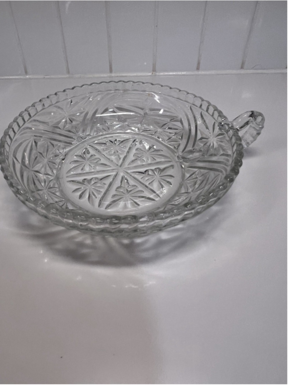 Vintage Anchor Hocking Stars and Bars Clear 7” Glass Nappy Dish with Handle